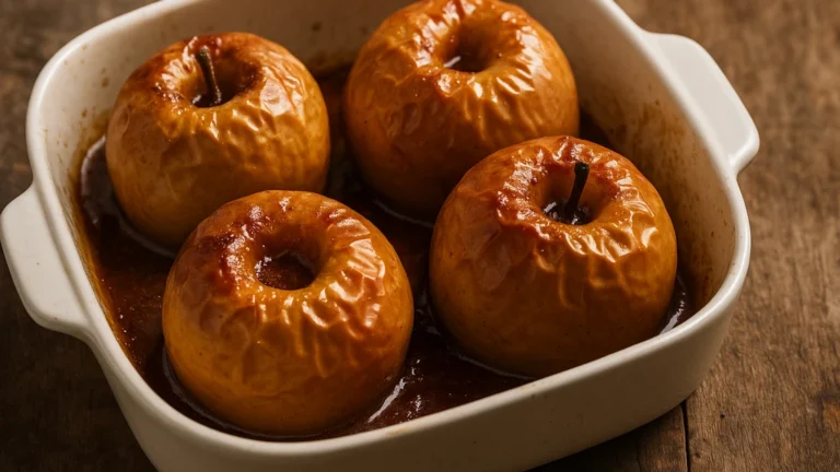 Pomme au four : la recette facile, fondante et parfumée 7 Pommes au four caramélisées dans un plat, sirop ambré et peau légèrement ridée