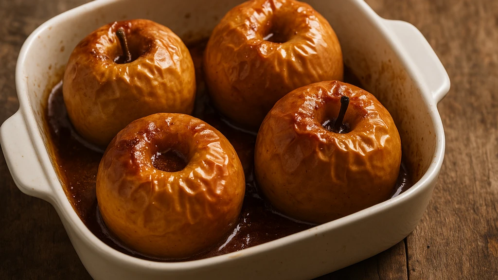 Pommes au four caramélisées dans un plat, sirop ambré et peau légèrement ridée