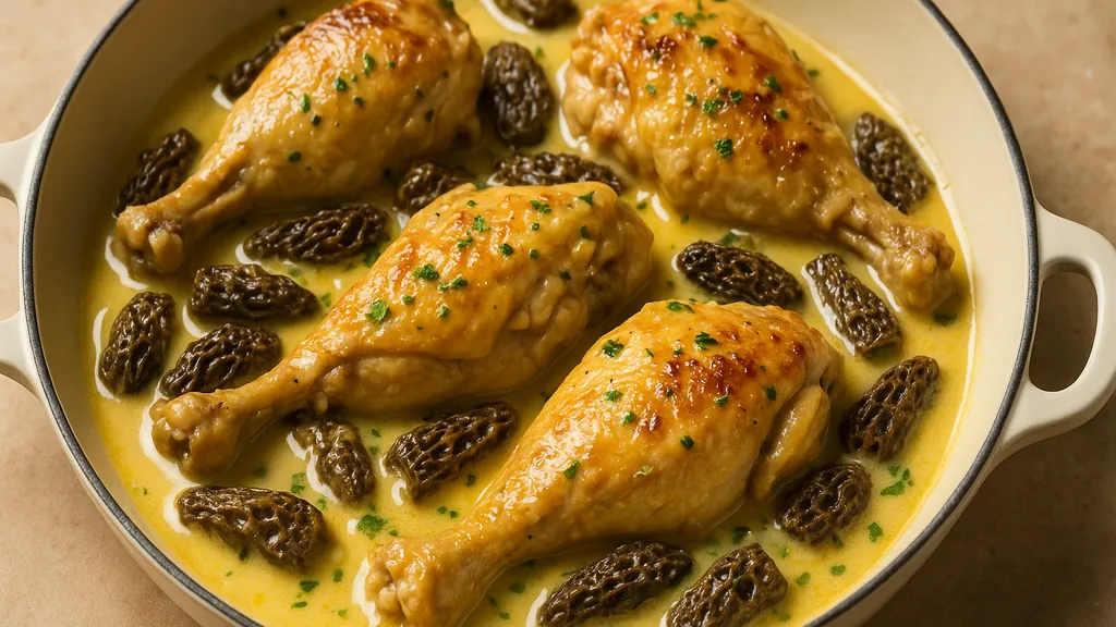 Poulet aux morilles et vin jaune en cocotte : morceaux dorés, morilles entières, sauce crème nappante