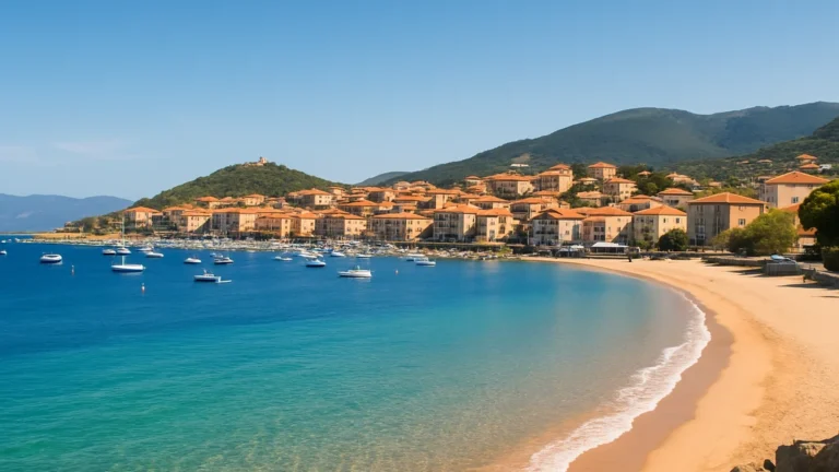 Propriano et sa plage en courbe, eaux turquoise du golfe du Valinco, bateaux au mouillage, collines corses.