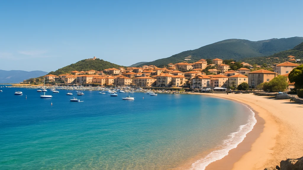 Propriano et sa plage en courbe, eaux turquoise du golfe du Valinco, bateaux au mouillage, collines corses.