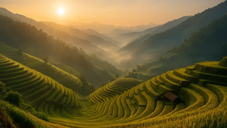 Terrasses de rizières au Vietnam au lever du soleil, vallées embrumées et montagnes en arrière-plan.