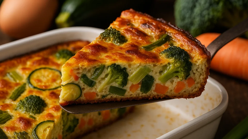 Quiche sans pâte aux légumes dorée au four, part servie, avec courgettes, brocoli et carotte visibles, texture ferme et fondante