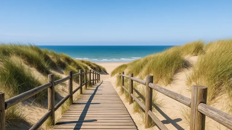 Chemin en bois entre dunes vers la plage, Côte d’Opale près de Rang-du-Fliers, mer et ciel clairs.