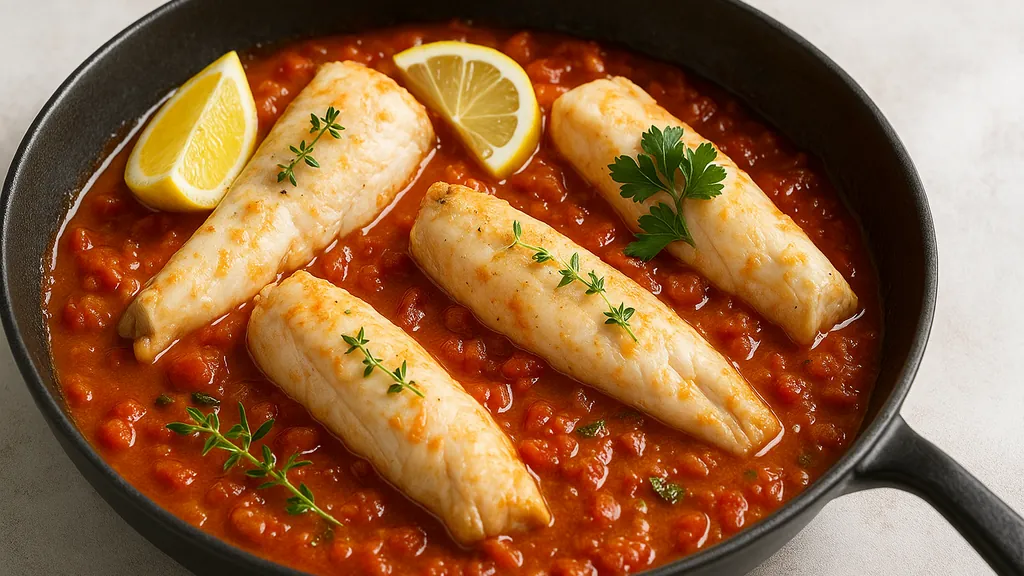 Roussette mijotée à la tomate, tronçons de saumonette dans une sauteuse