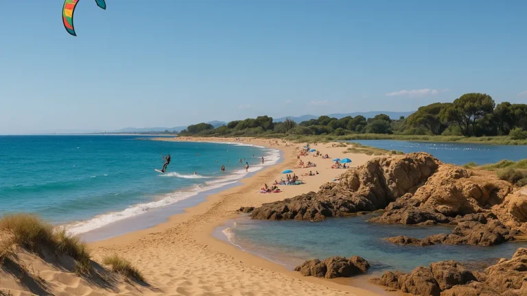 Saint-Aygulf — plage des Esclamandes avec dunes, kitesurf et calanques rocheuses, étangs de Villepey en arrière-plan