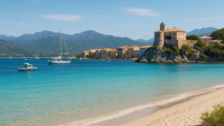 Saint-Florent et sa citadelle sur baie turquoise, voiliers au mouillage, plage de sable fin au premier plan.