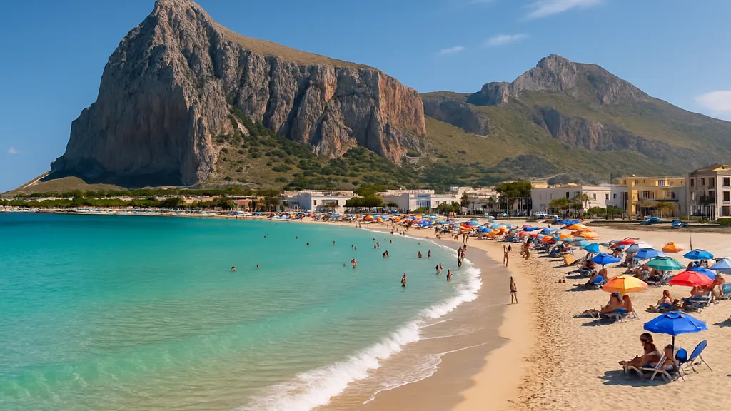 San Vito Lo Capo – plages, accès et meilleurs moments pour y aller 1 San Vito Lo Capo, plage de sable blanc aux eaux turquoise, sous le Monte Monaco et ciel clair.