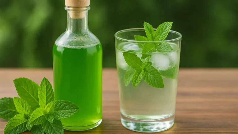 Sirop de menthe maison en bouteille avec feuilles de menthe fraîches et verre d’eau glacée.