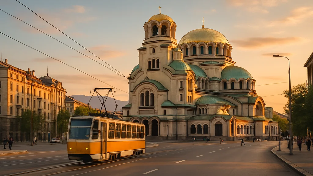 Sofia Bulgarie au coucher du soleil, cathédrale Alexander-Nevski et tram jaune devant, Vitocha en arrière-plan.