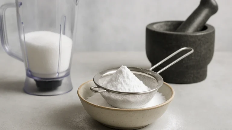 Sucre glace maison tamisé dans une passoire fine, avec blender et mortier en arrière-plan.