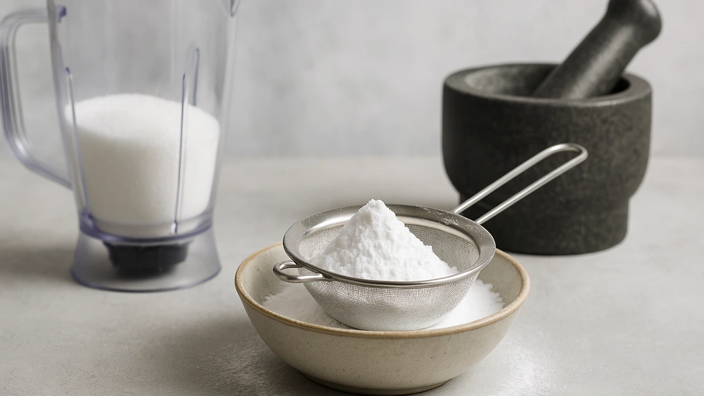 Sucre glace maison tamisé dans une passoire fine, avec blender et mortier en arrière-plan.