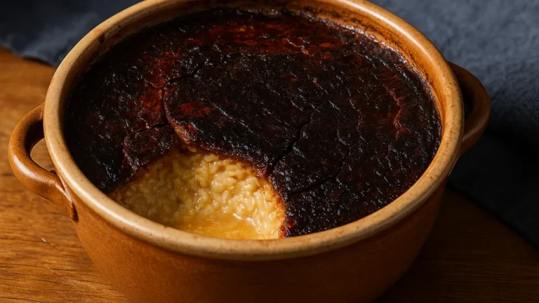 Recette teurgoule : réussir la version normande au four (120 °C, 5–6 h) 6 Teurgoule normande : croûte caramélisée sombre dans terrine en grès, cœur crémeux visible