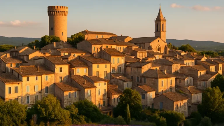 Valréas au soleil couchant, Tour Ripert dominant toits provençaux et rangs de lavande en premier plan.
