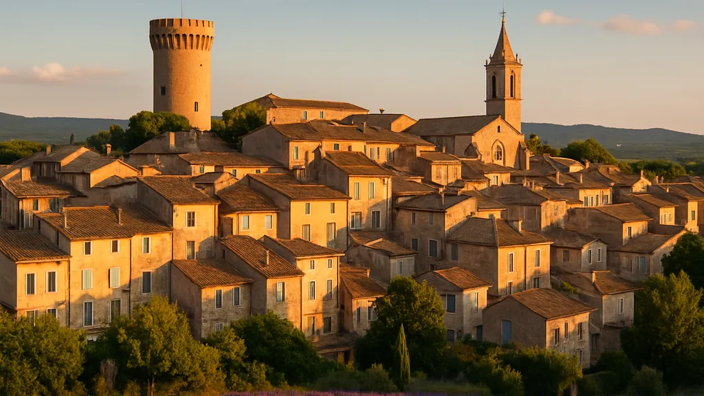 Valréas (Enclave des Papes) : que voir en 2–4 h 1 Valréas au soleil couchant, Tour Ripert dominant toits provençaux et rangs de lavande en premier plan.