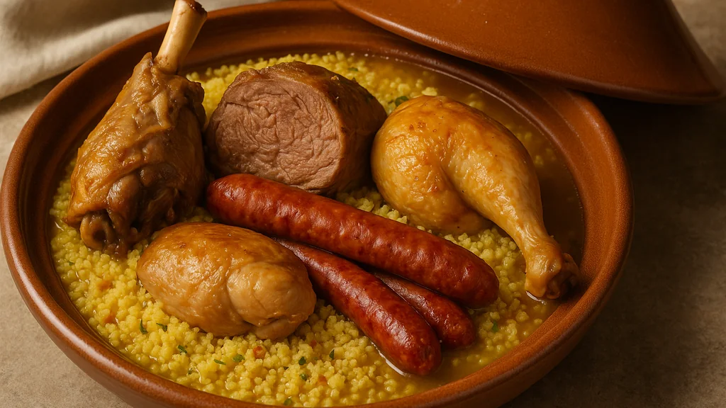 Couscous servi en plat en terre avec agneau, bœuf, cuisse de poulet et merguez sur semoule, bouillon parfumé.