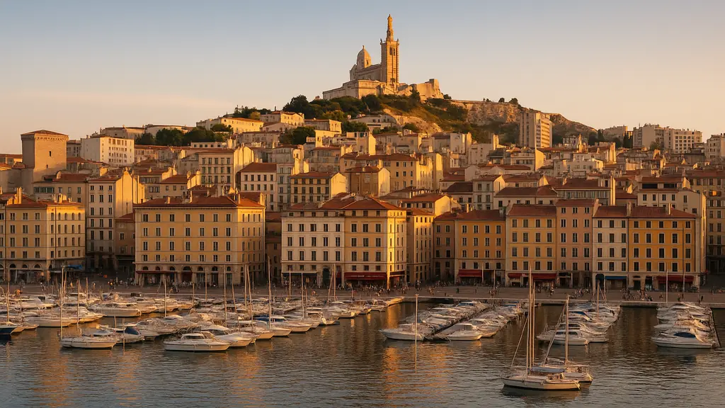 Vieux-Port de Marseille au coucher du soleil, Notre-Dame de la Garde dominant la ville et les voiliers.