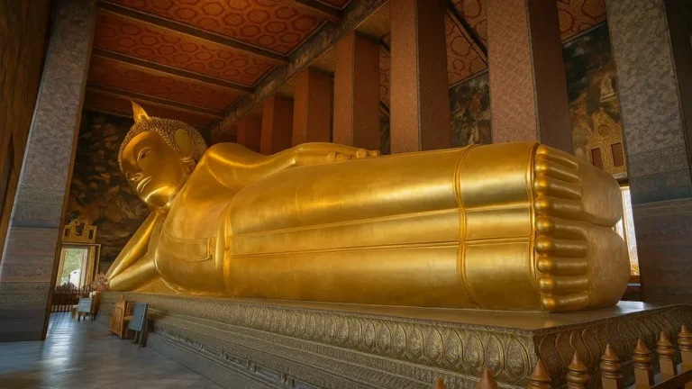 Wat Pho à Bangkok, grand Bouddha couché doré dans son pavillon, mosaïques et colonnes décorées tout autour.
