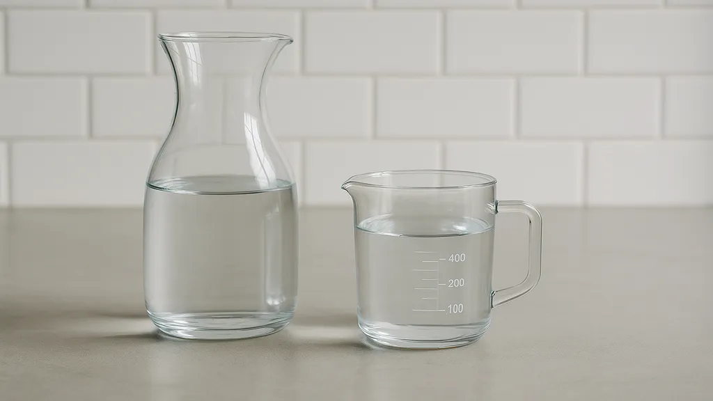 50 cl en ml : conversion simple et équivalences utiles 1 Carafe en verre et verre doseur remplis d’eau sur un plan de travail de cuisine, illustrant une mesure de volume en centilitres et millilitres