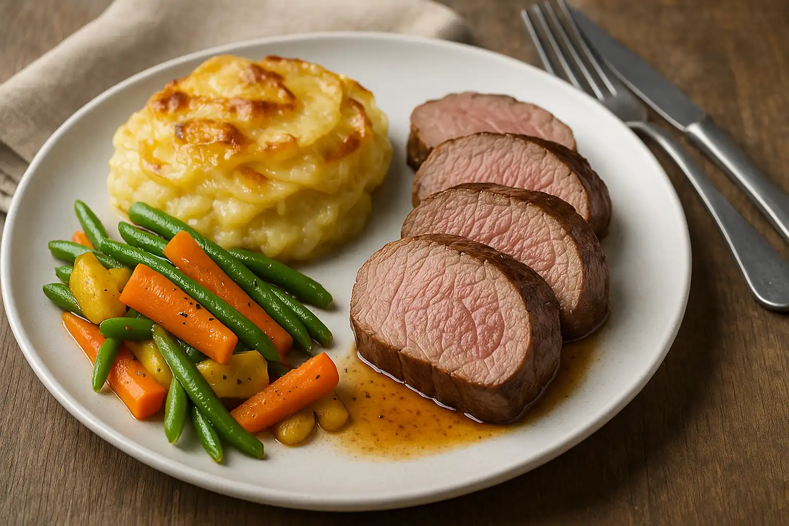 Assiette de filet mignon de porc avec gratin dauphinois et légumes verts en accompagnement