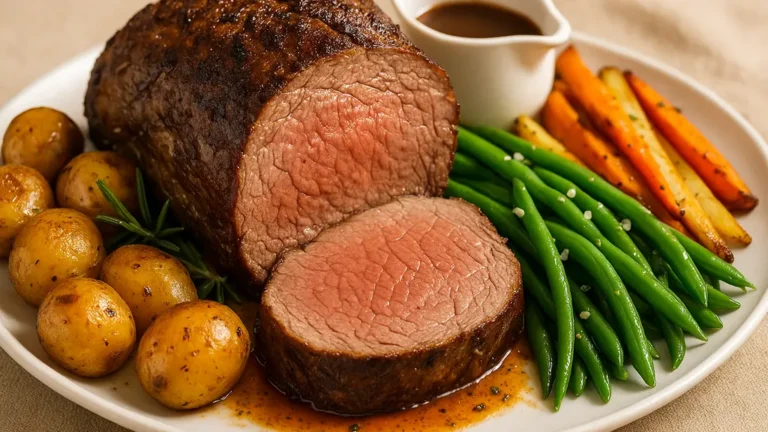 Assiette de rôti de bœuf accompagné de pommes de terre grenaille, haricots verts et légumes rôtis, avec sauce au jus de viande