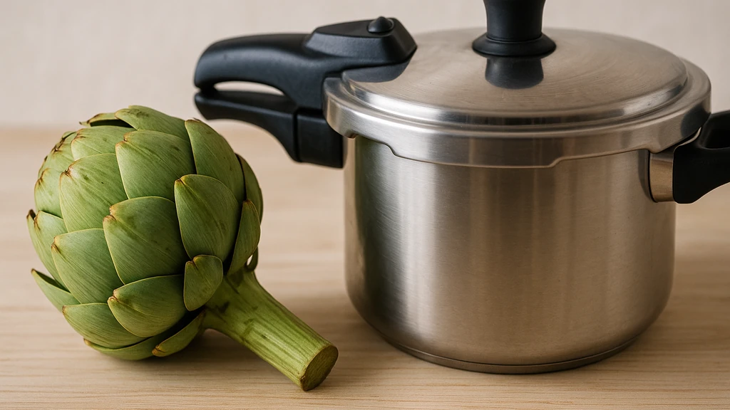 Temps de cuisson des artichauts à la cocotte-minute 2 Artichaut frais posé devant une cocotte-minute en inox sur un plan de travail en bois clair