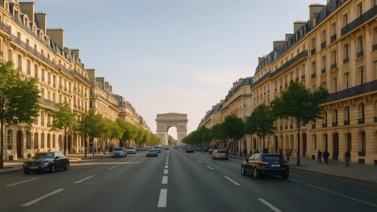Vue de l’avenue Kléber à Paris avec immeubles haussmanniens, arbres alignés et l’Arc de Triomphe en perspective au loin