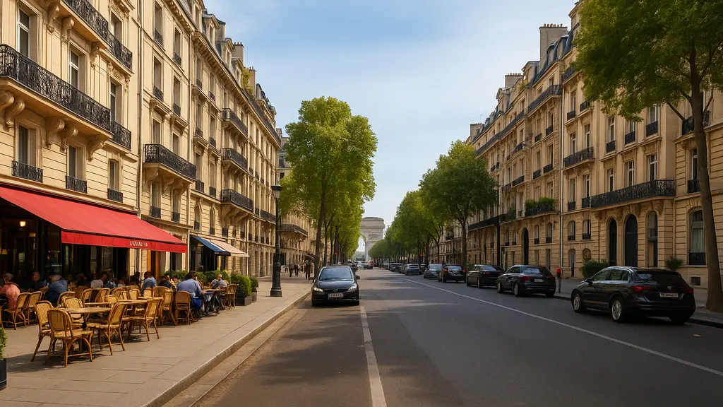Terrasse de café animée sur l’avenue Kléber à Paris, avec immeubles haussmanniens, arbres alignés et l’Arc de Triomphe en perspective au loin