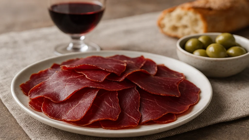 Cecina : qu'est-ce que cette charcuterie de boeuf séchée ? 2 Assiette de cecina espagnole finement tranchée, servie avec olives vertes et verre de vin rouge sur nappe en lin.