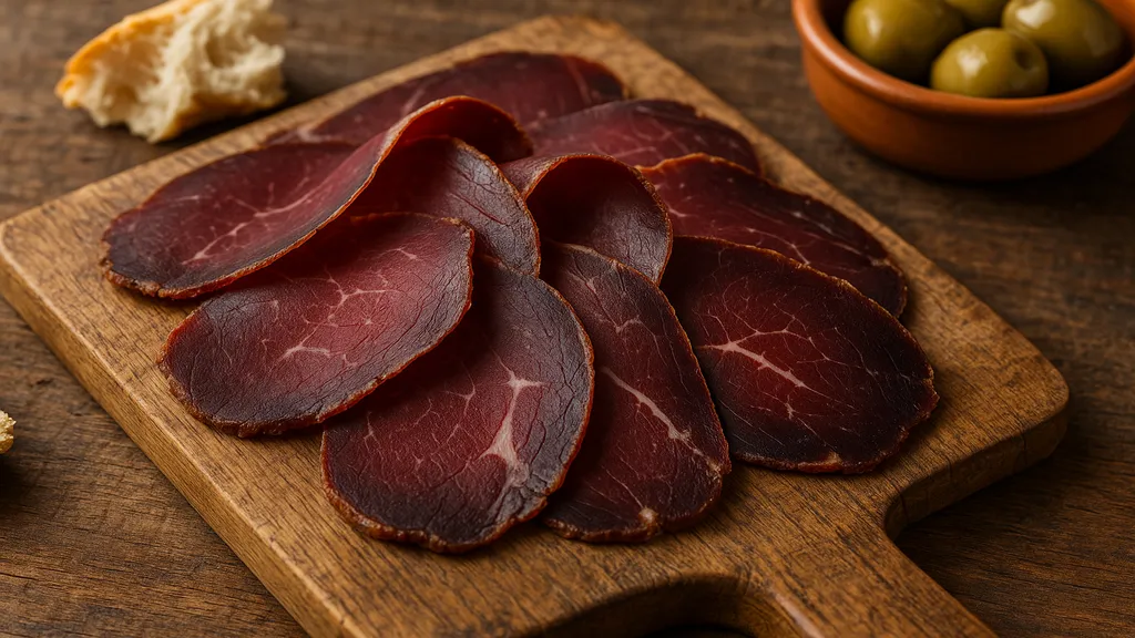 Tranches de cecina espagnole finement coupées sur planche en bois rustique avec olives vertes, charcuterie de bœuf séchée et fumée.