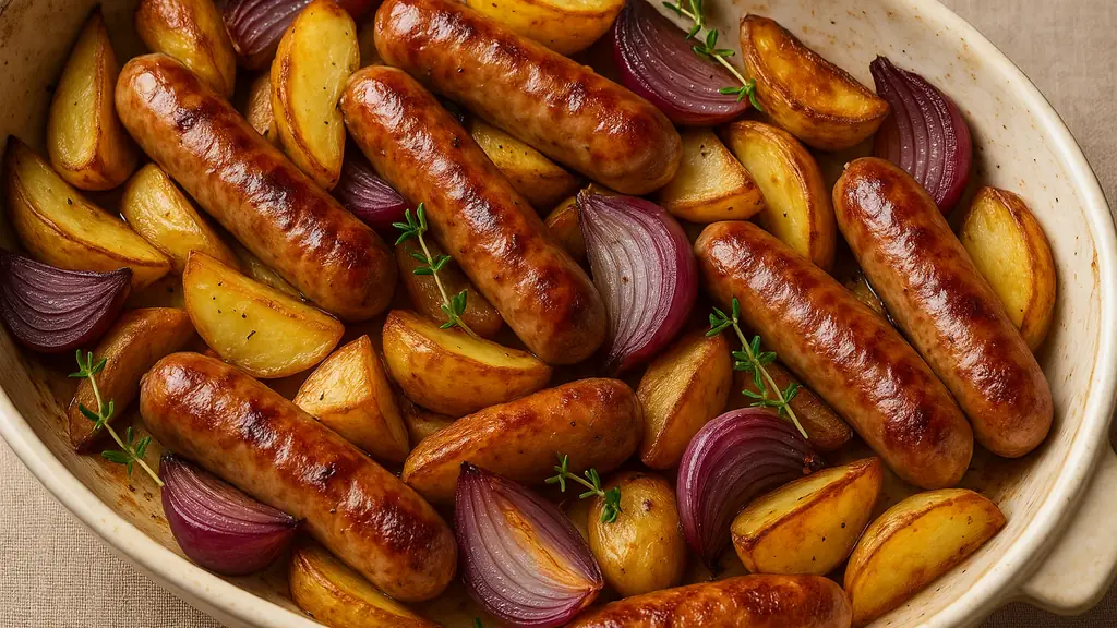 Plat de chipolatas rôties au four avec pommes de terre dorées et oignons rouges caramélisés