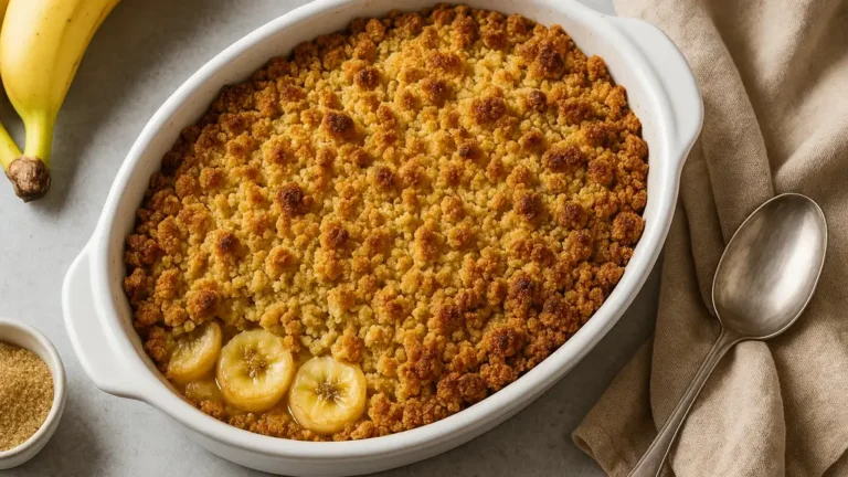 Crumble à la banane doré au four, texture croustillante avec bananes fondantes, dessert maison gourmand