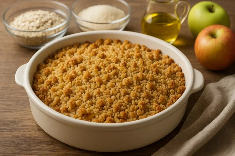Crumble aux pommes sans beurre dans un plat, avec ingrédients naturels en arrière-plan