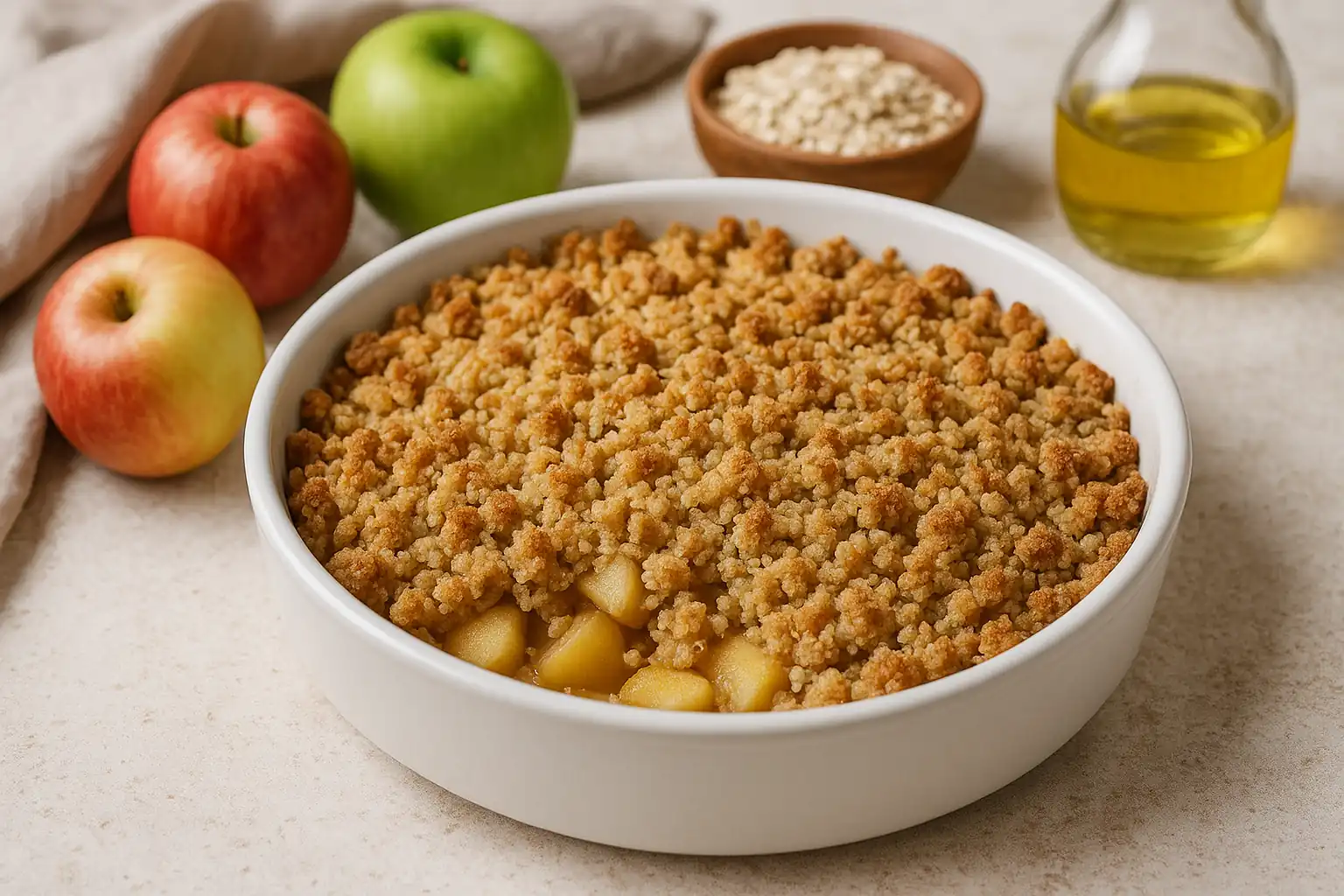 Plat de crumble aux pommes sans beurre avec pommes visibles et ingrédients autour