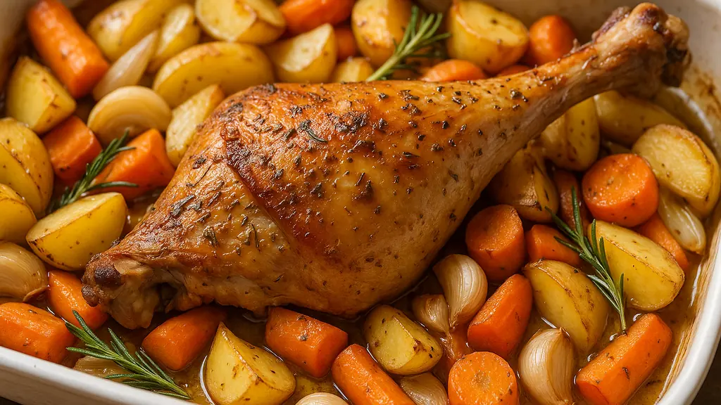 Cuisse de dinde au four : la recette facile et moelleuse 2 Cuisse de dinde rôtie au four avec légumes, pommes de terre et carottes, cuisson juteuse et dorée