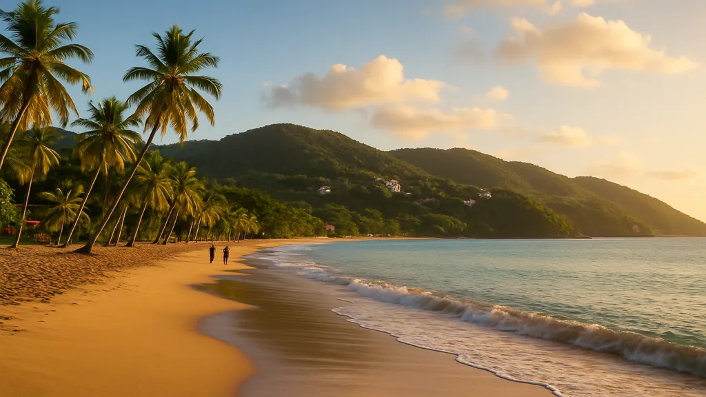 Deshaies, Guadeloupe : guide pratique pour préparer votre séjour 1 Plage de Grande Anse à Deshaies en Guadeloupe au coucher du soleil, sable doré, cocotiers et collines verdoyantes en arrière-plan