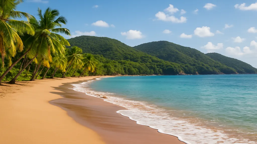 Deshaies, Guadeloupe : guide pratique pour préparer votre séjour 2 Plage de Grande Anse à Deshaies en Guadeloupe, sable doré, cocotiers et mer turquoise sous un ciel bleu