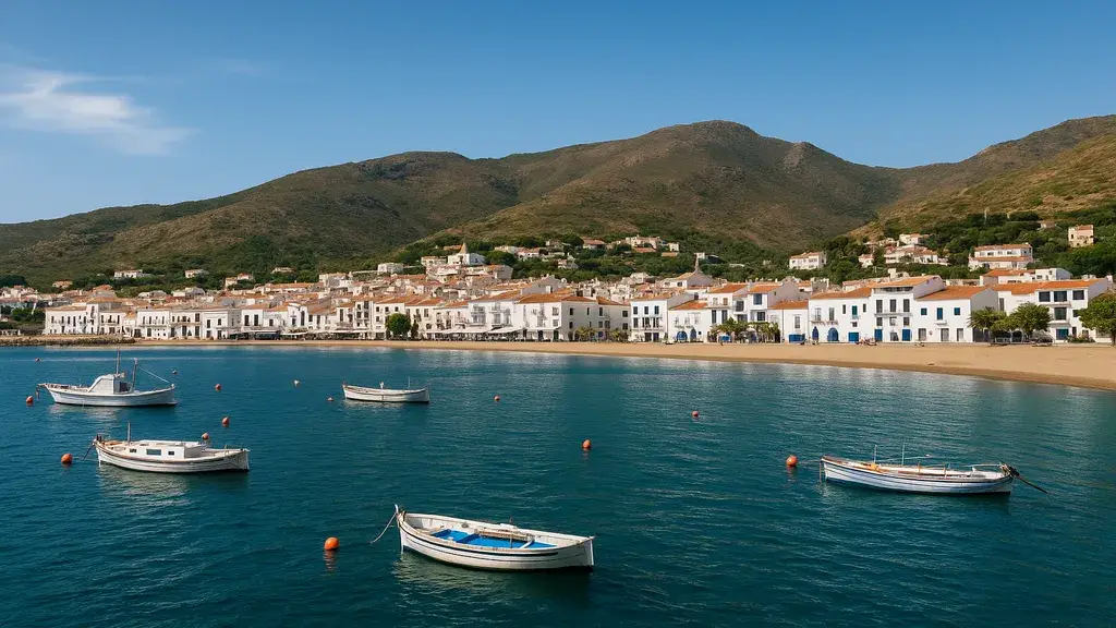 Vue d’El Port de la Selva sur la Costa Brava, maisons blanches en bord de baie, bateaux de pêche et collines de la Serra de Rodes sous un ciel bleu
