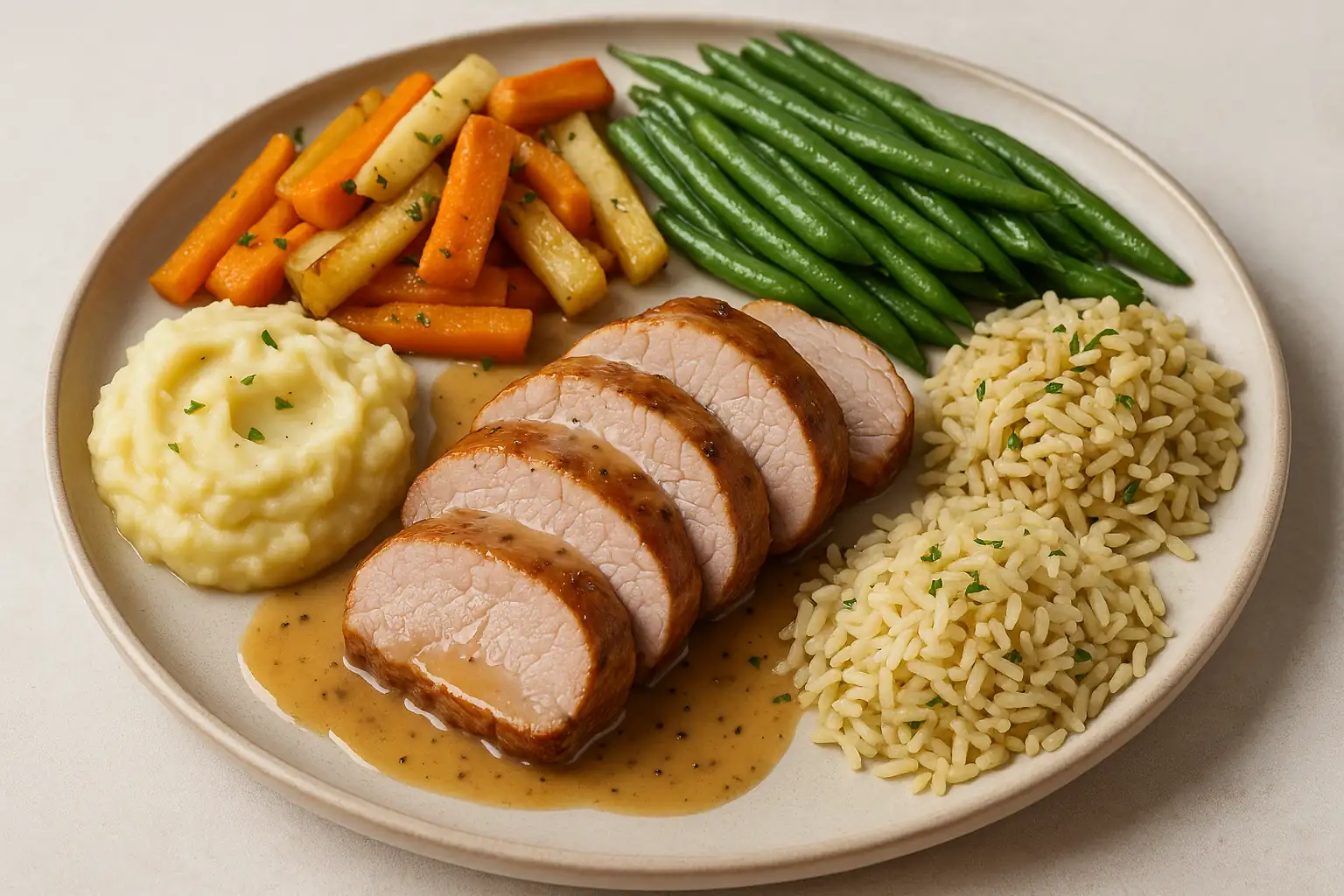 Assiette de filet mignon tranché avec purée, riz pilaf, haricots verts et légumes rôtis en accompagnement
