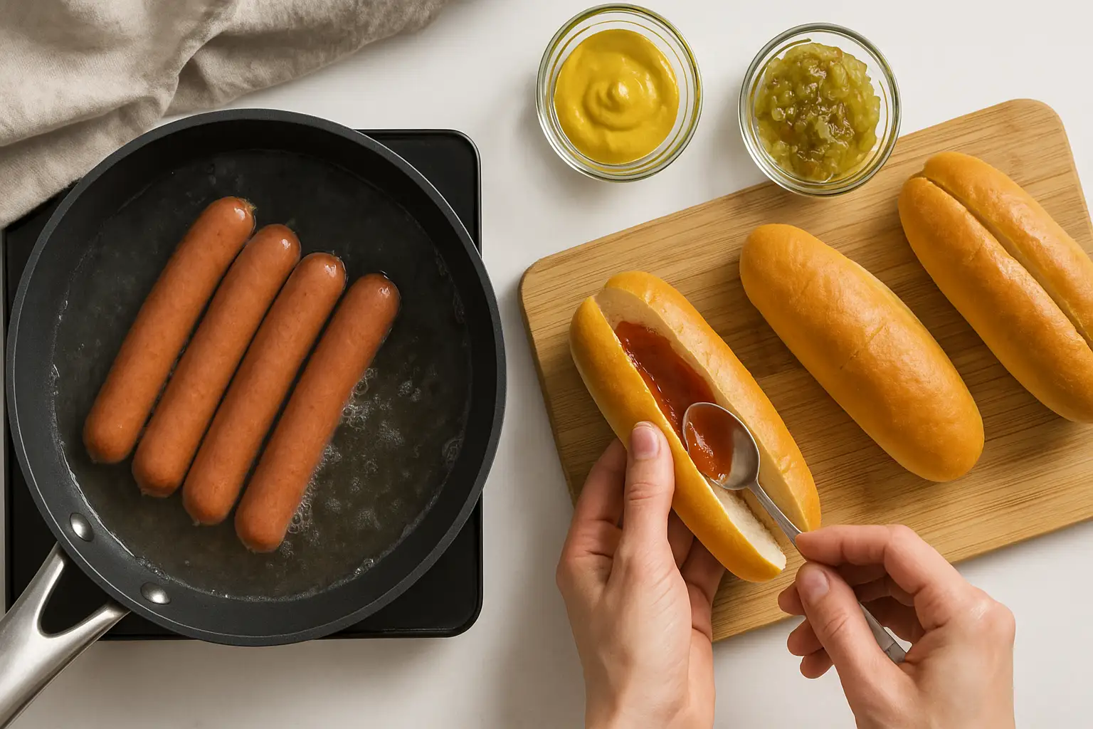 Préparation de hot dog américain maison avec saucisses qui mijotent à l’eau et mains garnissant un pain avec ketchup, moutarde et relish sur planche en bois