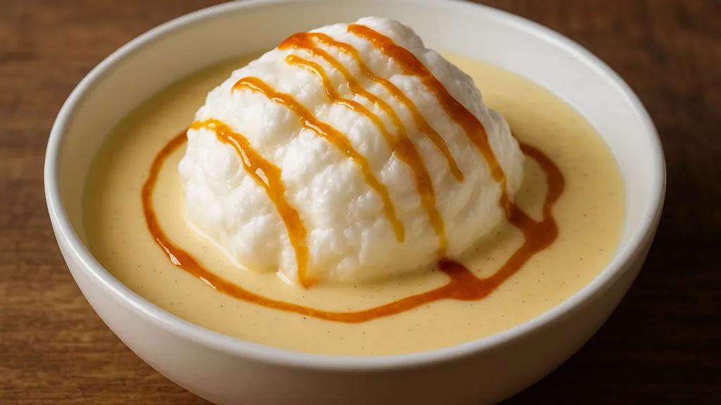 Gros plan sur une île flottante maison avec blanc en neige aérien, crème anglaise froide et filet de caramel comme dans la recette de grand-mère