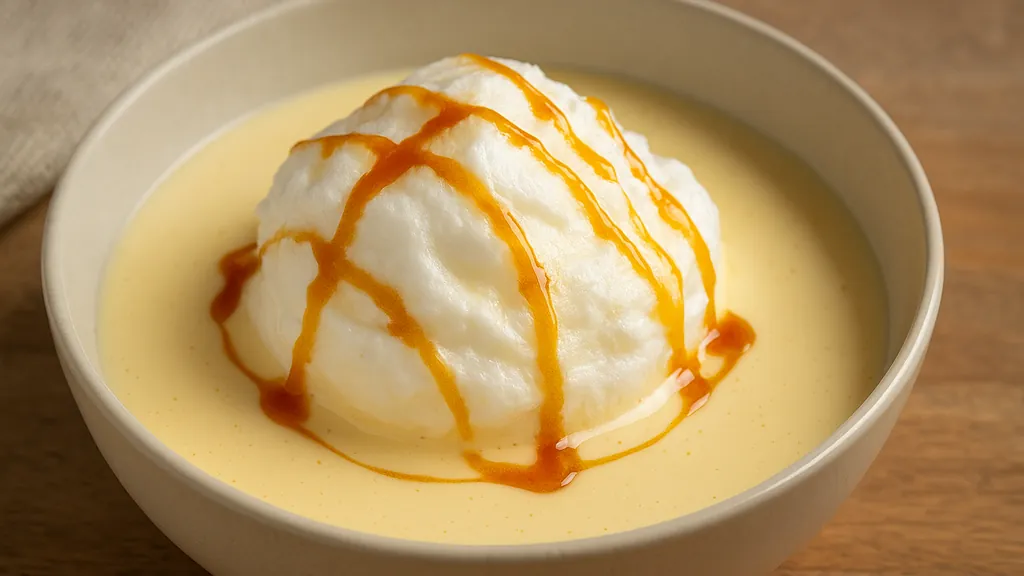 Île flottante de grand-mère servie dans un bol, crème anglaise vanillée onctueuse et blanc en neige nappé de caramel doré