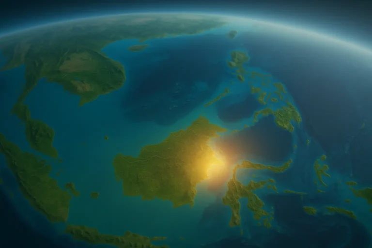 Vue satellite de l’Indonésie mettant en évidence la zone où se trouve Bali entre Java et Lombok, au cœur de l’Asie du Sud-Est entre océan Indien et mer de Bali.