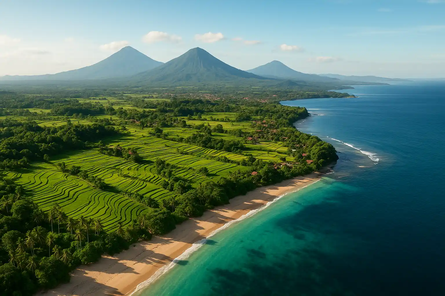 Où se trouve Bali ? Situer l'île des Dieux sur la carte du monde 2 Paysage réaliste de Bali avec rizières en terrasses, plage tropicale et volcans en arrière-plan, illustrant la géographie de l’île en Indonésie.