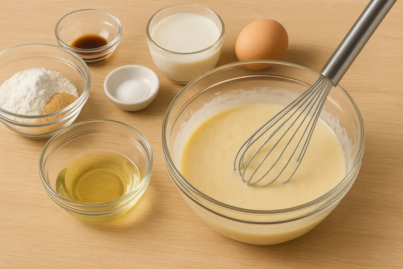 Préparation de pâte à pancakes sans lait dans un bol en verre avec fouet, lait végétal, farine, sucre et huile disposés sur un plan de travail en bois