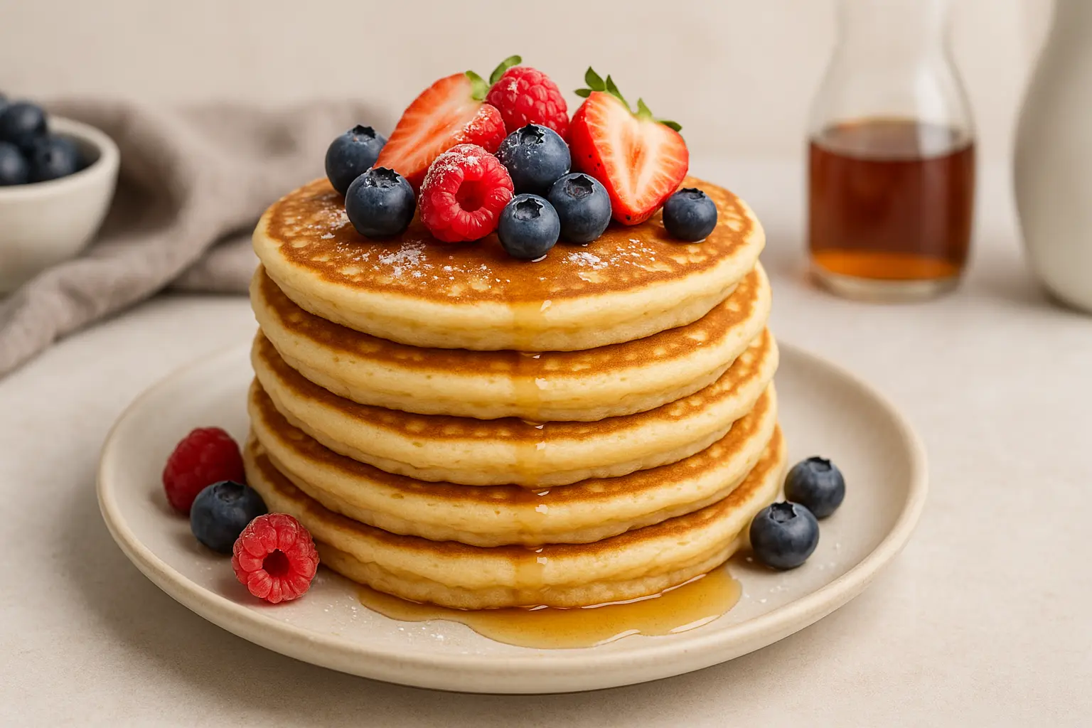 Stack de pancakes sans lait bien dorés, nappés de sirop d’érable et garnis de fruits rouges et myrtilles