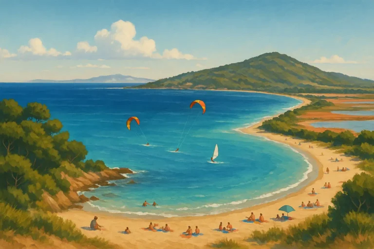 Vue réaliste de la plage de l’Almanarre à Hyères, avec mer turquoise, kitesurfeurs et paysage naturel entre mer Méditerranée et salins.