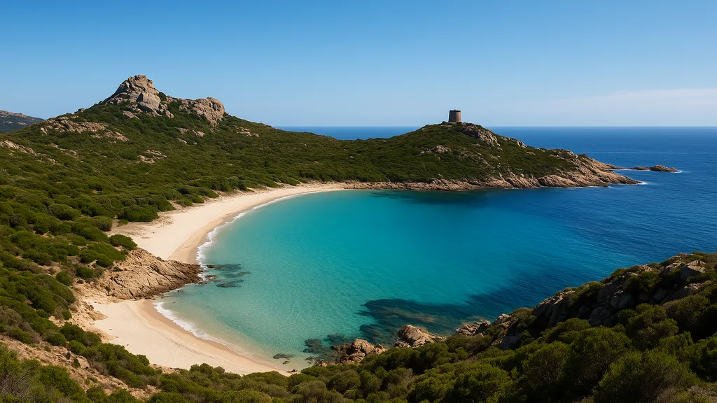 Plage de Roccapina en Corse du Sud, baie sauvage de sable blanc et eau turquoise dominée par le rocher du Lion et une tour génoise