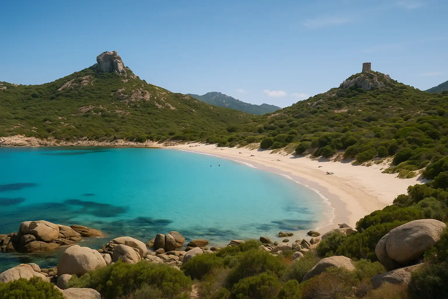 Vue panoramique de la plage de Roccapina en Corse du Sud avec sable blanc, eau turquoise, rocher du Lion de Roccapina et tour génoise au sommet des collines.