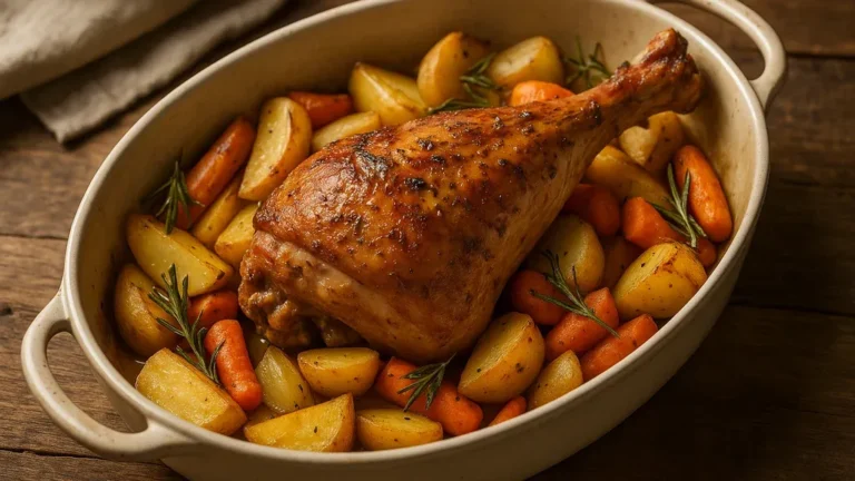 Cuisse de dinde au four rôtie avec pommes de terre et carottes, peau dorée et chair moelleuse